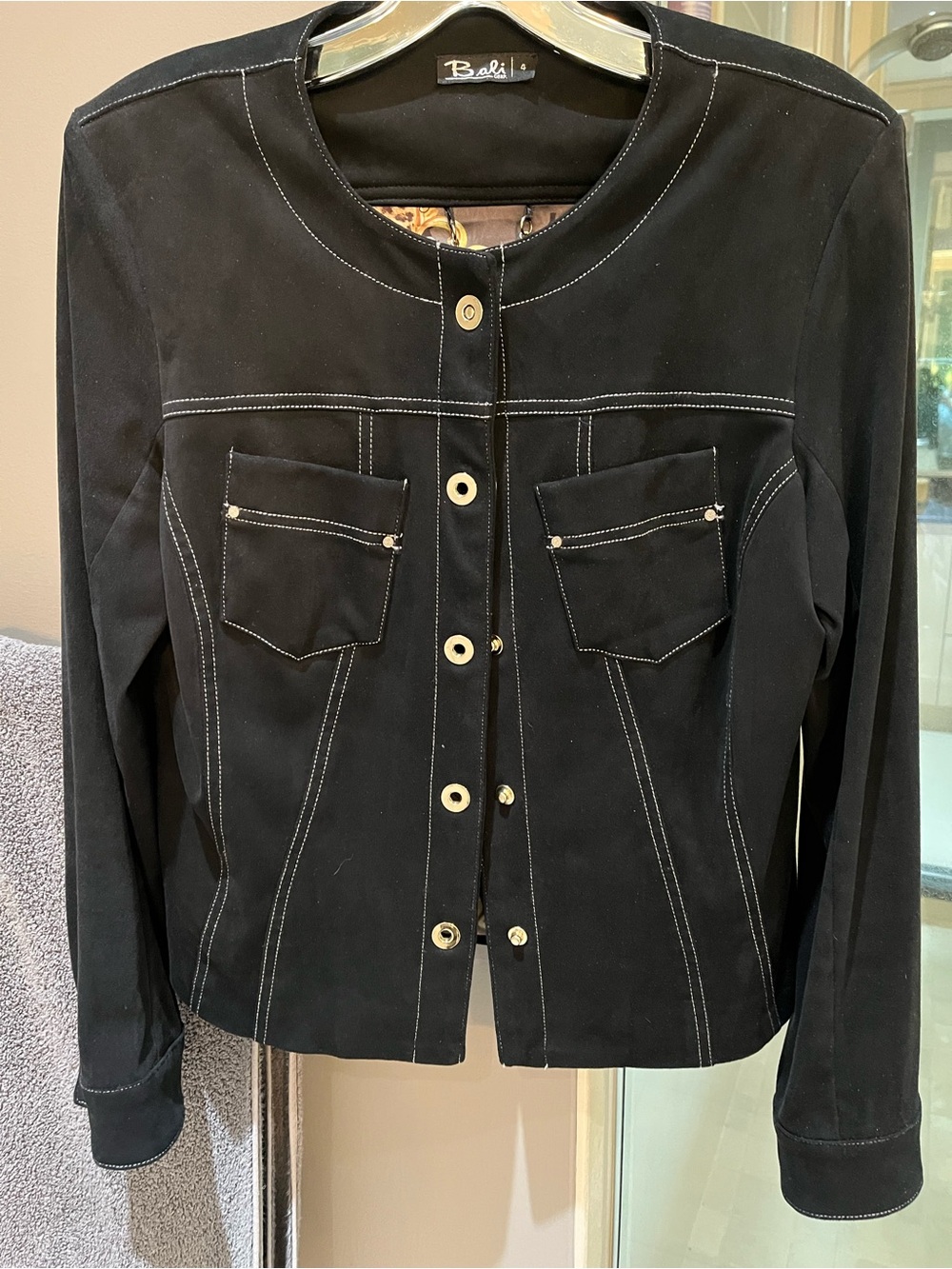 Black Button-Front Women's Jacket with Contrast Stitching